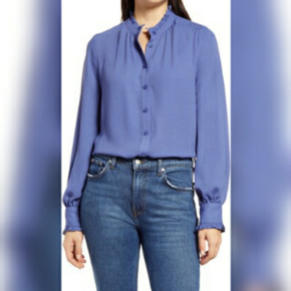 Halogen Ruffle Button Front Purple Blouse Size Xs - image 1